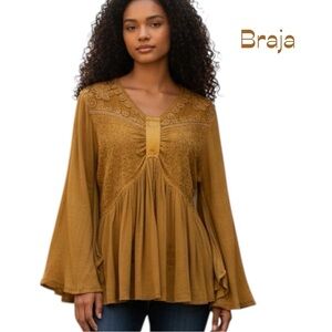 Braja Mustard Yellow Embroidered Bell Sleeve Top Size M